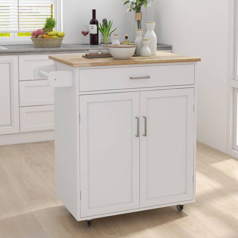 Mobile Kitchen Cart with Rubber Wood Tabletop, Adjustable Storage, and Towel & Seasoning Racks