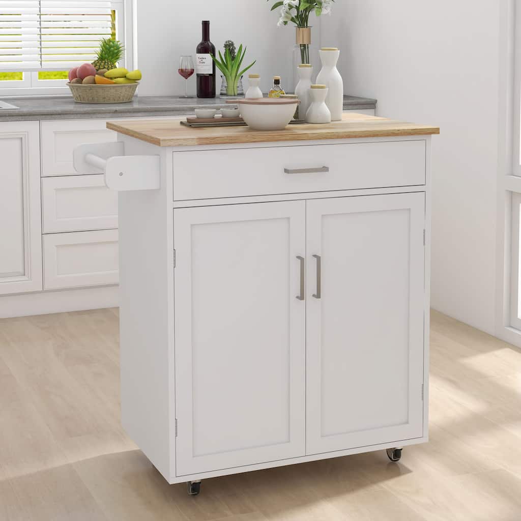 Mobile Kitchen Island with Double Doors, Drawer, Towel Rack, and Spacious Storage for Home & Dining Areas