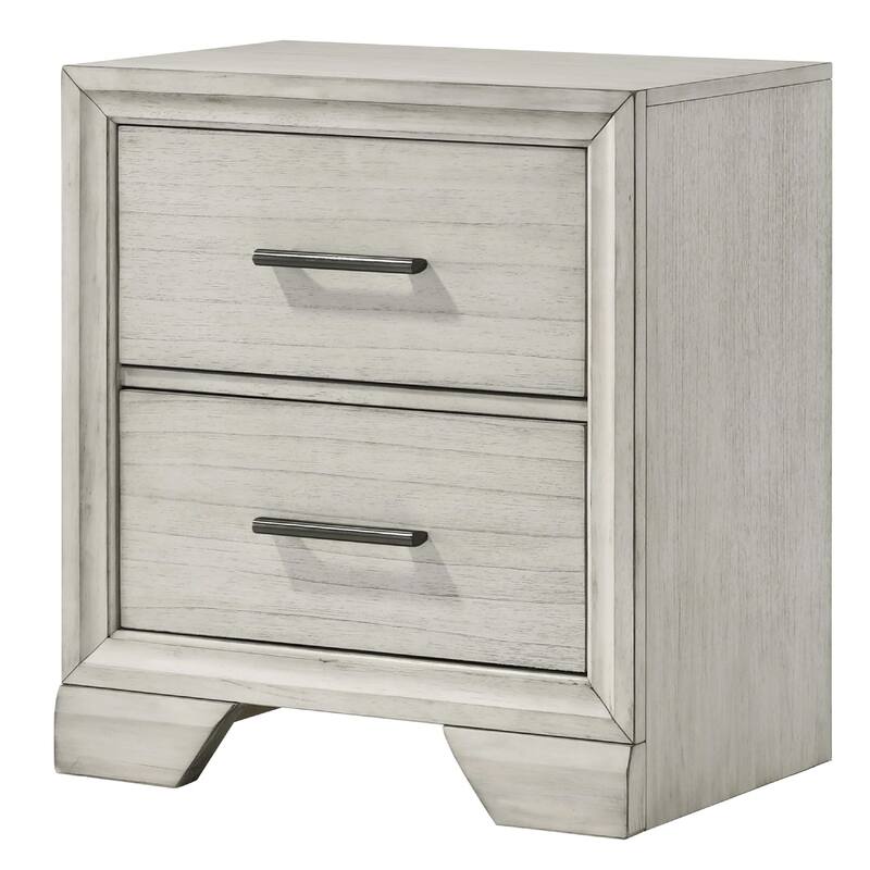 Jeni Nightstand, 2 Drawers, Chrome Handles, Rustic White Mist