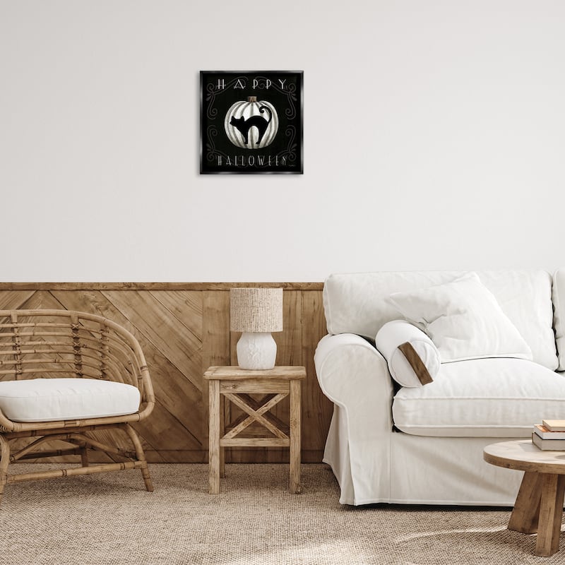 Stupell Happy Halloween Cat & Pumpkin Framed Floater Canvas Wall Art Design By Elizabeth Tyndall