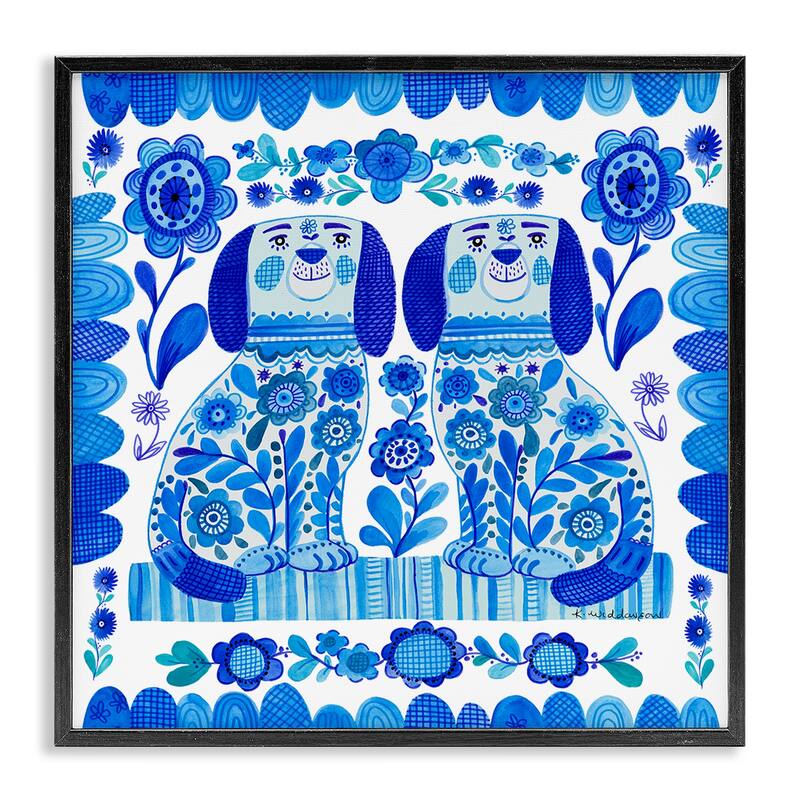 Stupell Blue Folk Style Puppies Framed Giclee Art Design By Kay Widdowson - 24 x 24 - Black