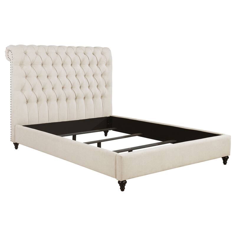 Devon Queen Upholstered Bed in Beige with Tall Chesterfield-Inspired Headboard and Nailhead Trim