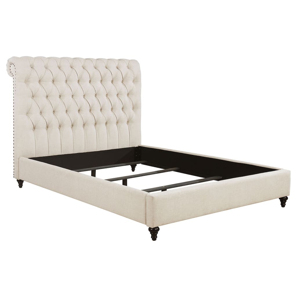Devon Queen Upholstered Bed in Beige with Tall Chesterfield-Inspired Headboard and Nailhead Trim