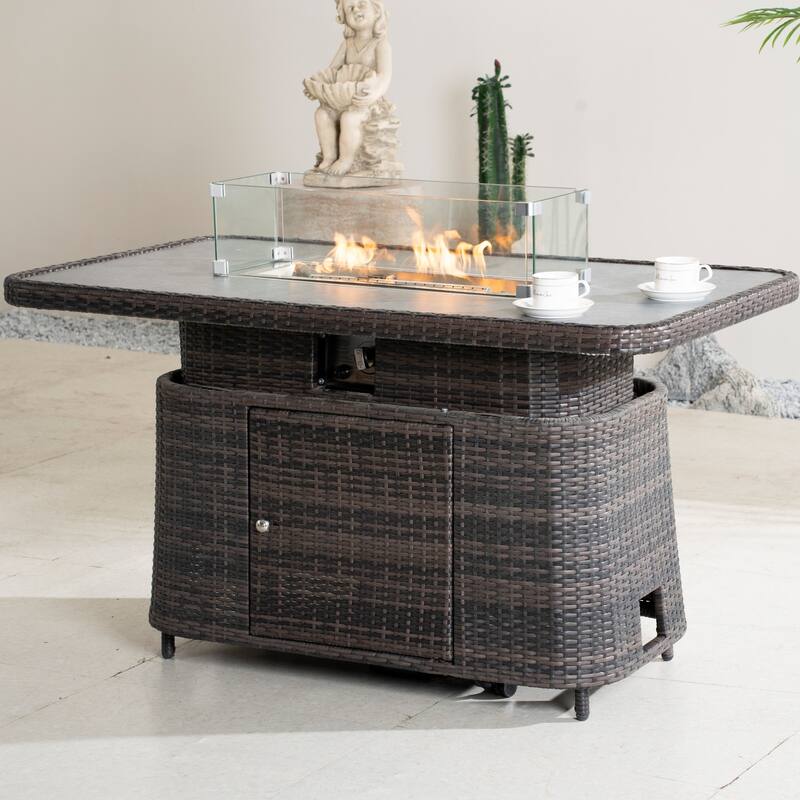 50,000 BTU Adjustable Height Aluminum Propane Fire Pit Table with Faux Stone Glass Top and Wind Guard