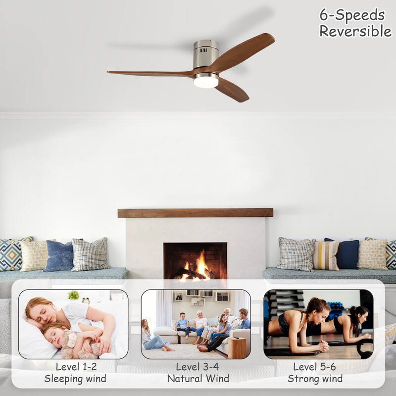 52 Inch Ceiling Fan with Light,3 Light Walnut Solid Wood Blades,Remote Control,6-speed Reversible DC Motor