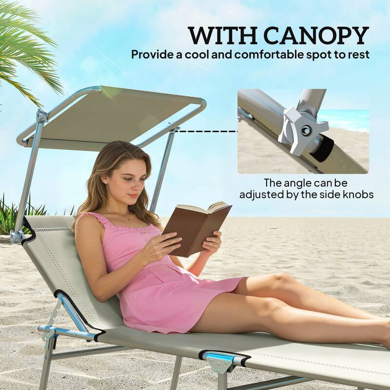 Outsunny Outdoor Lounge Chair, Adjustable Folding Chaise Lounge, Tanning Chair with Sun Shade for Beach, Camping, Hiking