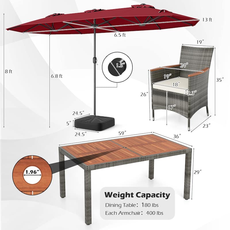 Gymax 8-Piece Patio Dining Set w/ Double-Sided Market Umbrella Acacia