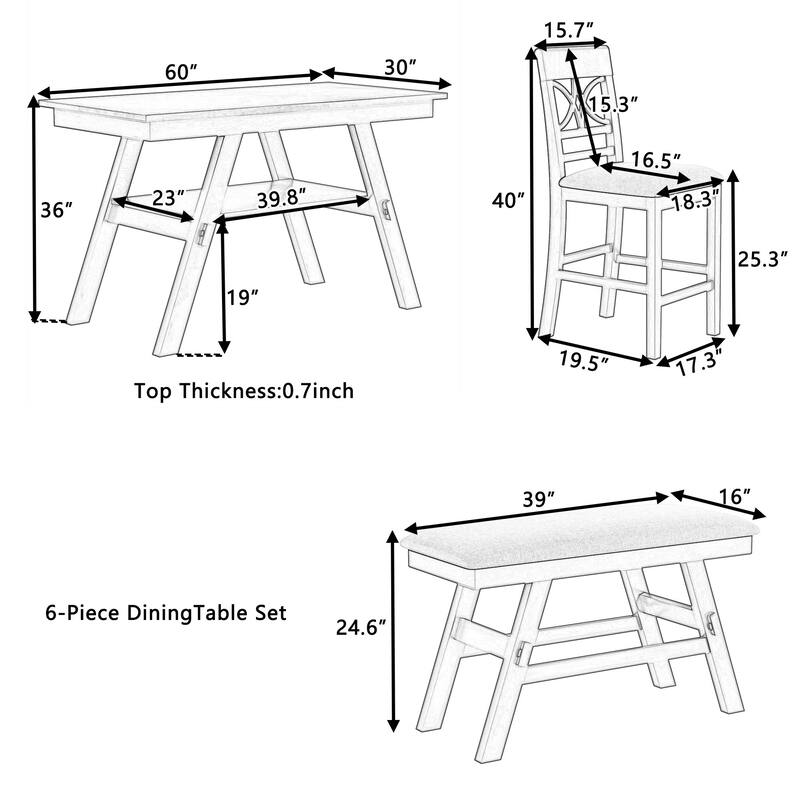 6-Piece Wood Counter Height Dining Table Set with Bench and 4 Chairs