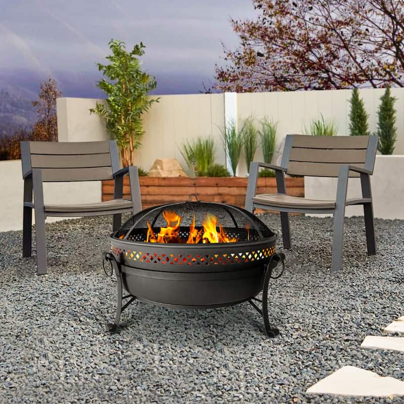 Black Cross Weave Large Round Steel Wood Burning Fire Pit with Spark Screen