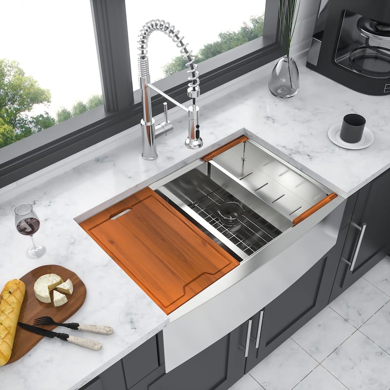 33 Inch Farmhouse 16 Gauge Double Bowl Stainless Steel Kitchen Sink in Brushed Nickel - 33'' x 22'' x 10''
