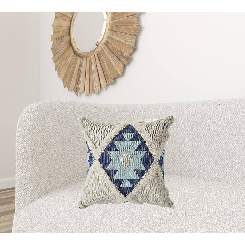 HomeRoots 20" X 20" Blue And Cream 100% Cotton Geometric Zippered Pillow