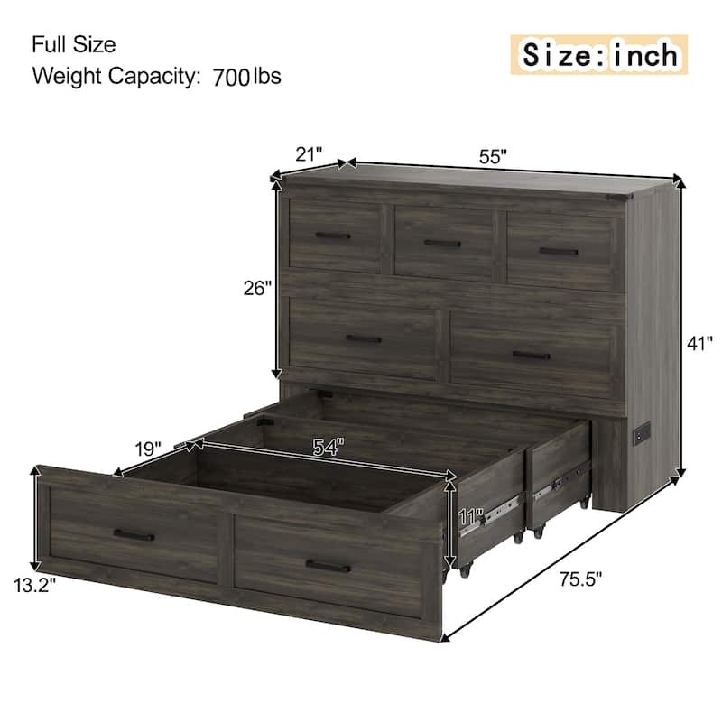 Foldable Murphy Bed Cabinet Full/Queen with USB & Type-C Ports and Storage Drawer for Guest Room