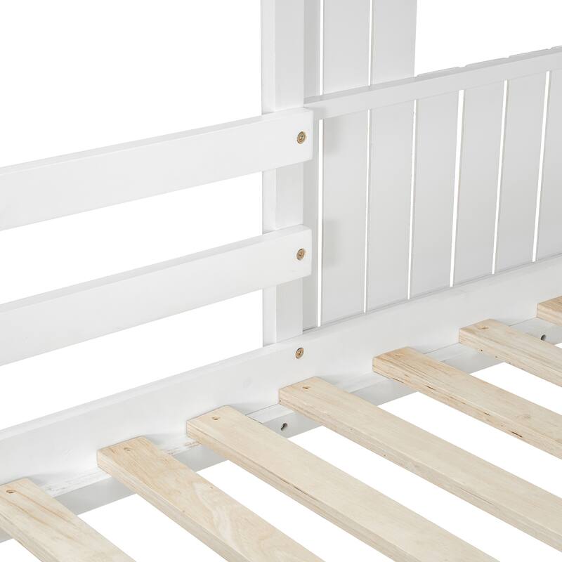 Wooden Twin Over Full Bunk Bed with Playhouse Design, Loft Bed with Ladder and Guardrails, Farmhouse Style