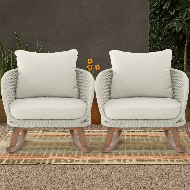 Classic Minimalist Rope Wicker Rocking Chair with Cushions and Solid Wood Legs, For Indoor and Outdoor Use - Beige - 2 Pcs