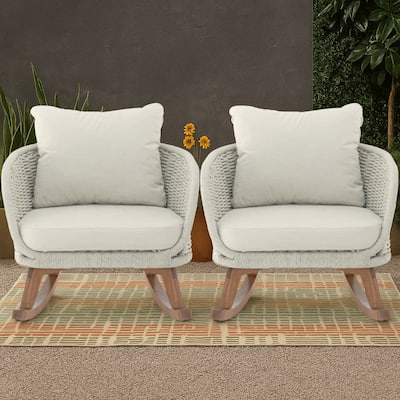 Classic Minimalist Rope Wicker Rocking Chair with Cushions and Solid Wood Legs, For Indoor and Outdoor Use