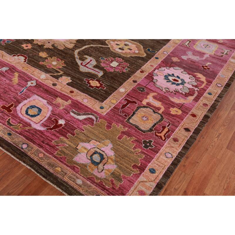 Hand Knotted Oriental 100% Wool Carpet Transitional All-Over Brown Oushak Area Rug - 11' 9'' X 9' 5''