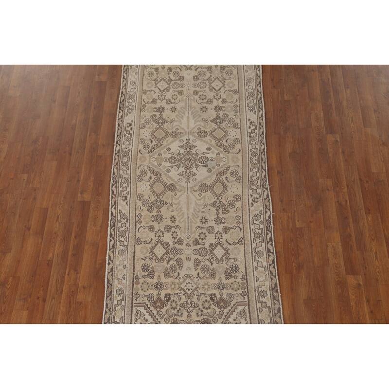 Hamedan Persian Vintage Runner Rug Handmade Geometric Wool Carpet - 3'3" x 9'9"