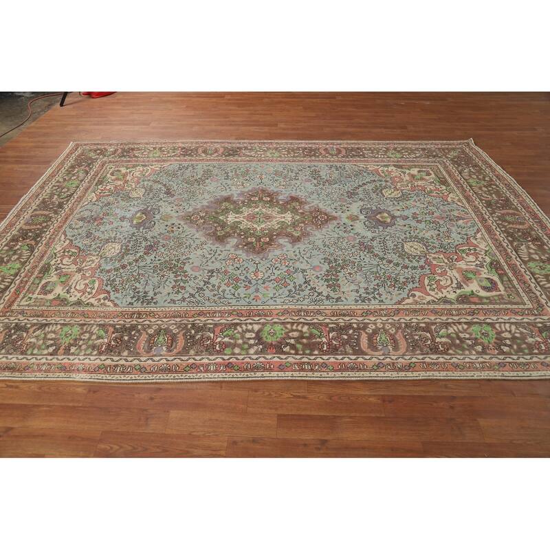 Blue Traditional Tabriz Persian Rug Hand-Knotted Floral Wool Carpet - 6'8"x 9'7"