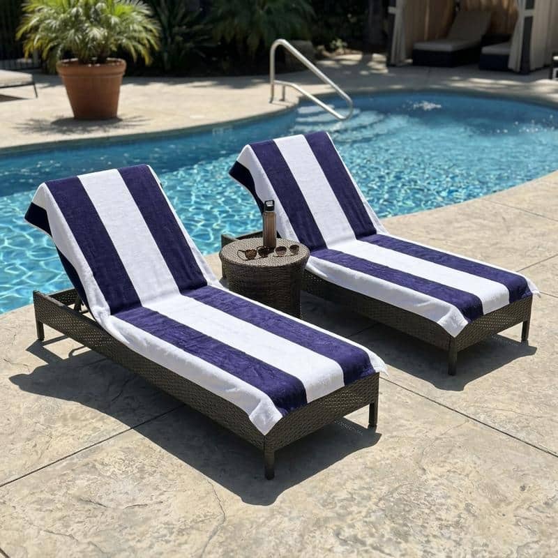100% Cotton Cabana‑Stripe Lounge Chair Cover Terry Towel with Fitted Pocket & Back Flap Set of 2 - Blue
