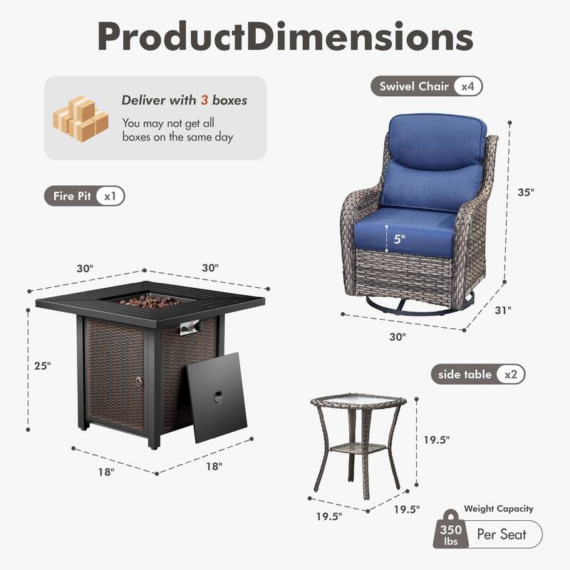 Meyreso 7-Piece Outdoor Patio Wicker Fire Pit 4 person Conversation Set with 5-Inch Thick Cushions