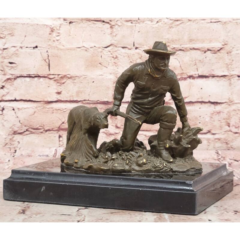 Hunter With Imitative Dog Bronze Sculpture - Wildlife Hunting Scene Art By Milo