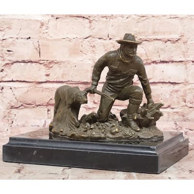 Hunter With Imitative Dog Bronze Sculpture - Wildlife Hunting Scene Art By Milo