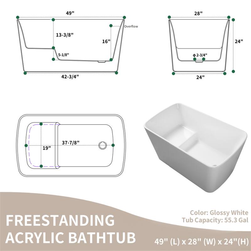 49" Square-shape Acrylic Freestanding Soaking Bathtub