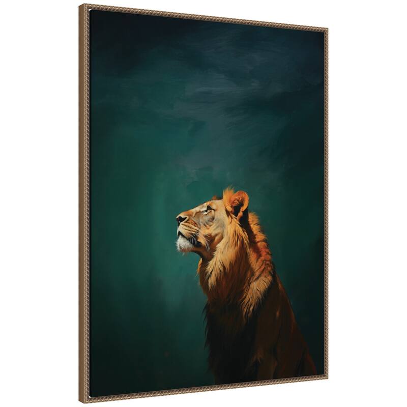Kate and Laurel Lion on Tonal Blue Teal Green Abstract by The Creative Bunch Studio Framed Canvas Wall Art Print - 28 x 38 - Gold