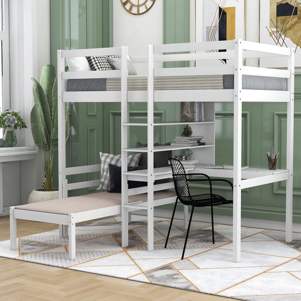Twin Loft Bed with Convertible Lower Bunk and L-Shape Desk, Featuring Shelves and Safe Ladder