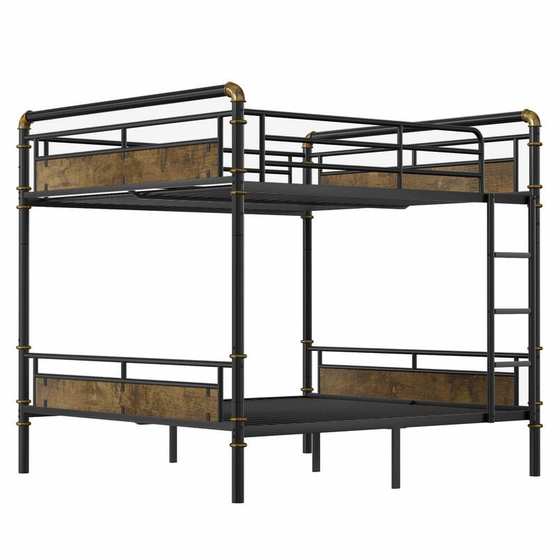 Queen over Queen Metal Bunk Bed, Industrial Detachable Bunkbeds with Safety Guard Rails for Teens, Black