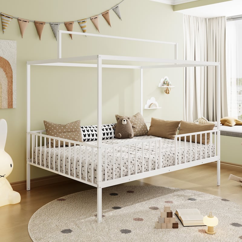 3-in-1 Convertible Metal Bed for Kids, Toddler Floor Bed, Fenced Bed and Montessori Elevated Bed with House-shaped Frame