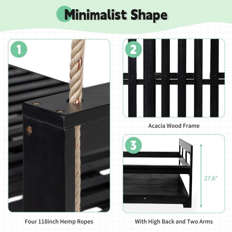 Patio Wooden Twin Size Porch Swing Daybed with 4 Hanging Ropes