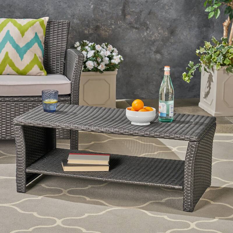 Roomfitters St Lucia Outdoor Woven Rattan Coffee Table with Open Storage Shelf, Weather Resistant, Grey