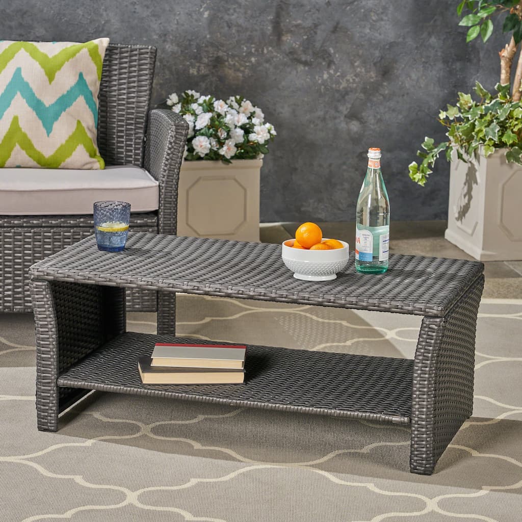 Roomfitters St Lucia Outdoor Woven Rattan Coffee Table with Open Storage Shelf, Weather Resistant, Grey