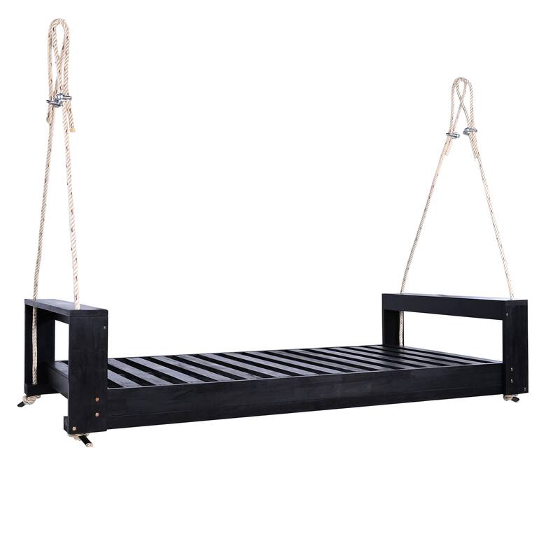 Swing Bed Seating Group, Patio Acacia Wood Swing Frame with Hemp Ropes for Garden, Backyard(Cushions and pillows not included)