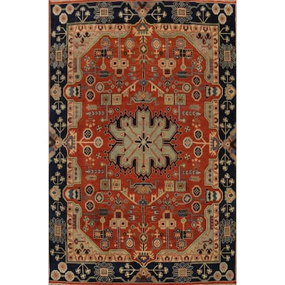 Hand-knotted Traditional Wool Orange Geometric Oriental Area Rug - 9' 11'' X 7' 11''