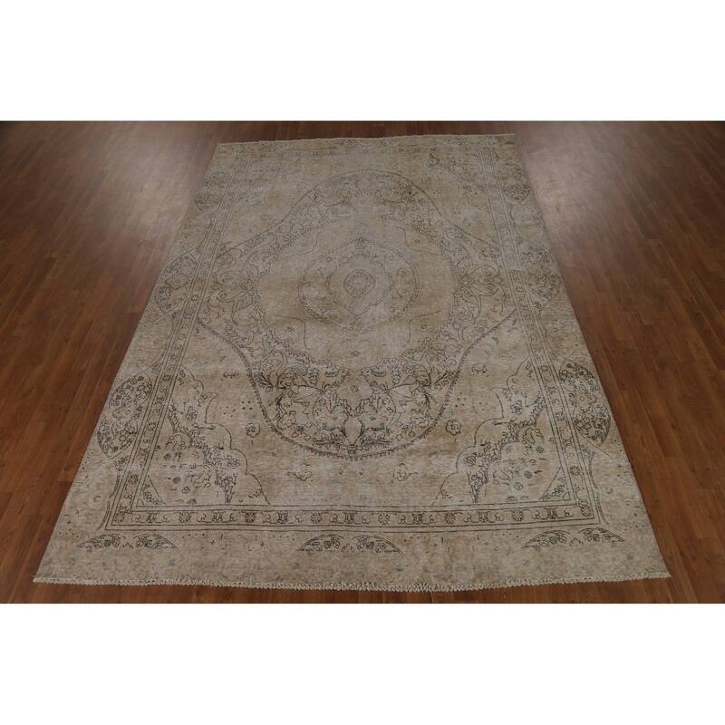 Vintage Distressed Tabriz Persian Area Rug Hand-Knotted Wool Carpet - 7'4" x 10'7"