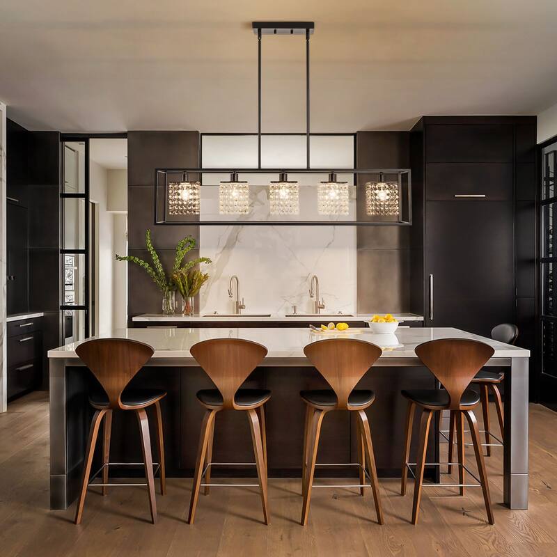 5-Light Modern Black Glam Rectangular Island Large Crystal Chandelier - 39.37 in. W x 8.66 in. D x 8.66 in. H