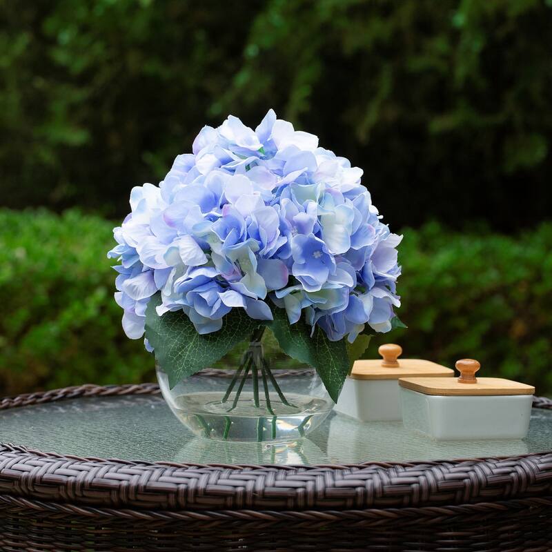 Hydrangea Artificial Flowers in Round Glass Vase with Faux Water, Silk Flower Arrangements in Vase for Home Decor, Wedding Table - Blue