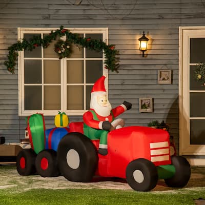 Outsunny 9ft Christmas Inflatable Santa Claus Driving Trailer with Gift Boxes, Blow-Up Outdoor LED Yard Display