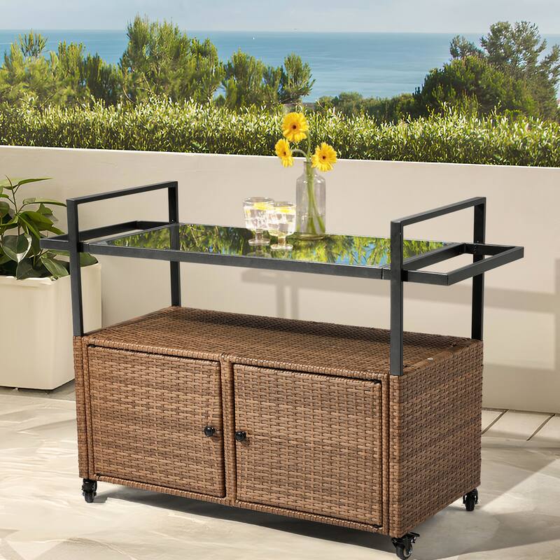 Outdoor Wicker Bar Cart Table with Storage and Wheels - 51.2" x 19.7" x 35.4"
