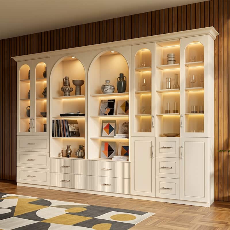 Modular Bookcase with LED Lights, Glass Door Storage Cabinet with Drawers, Large Display Shelving Unit Sideboard - 141.7"W(Combo)