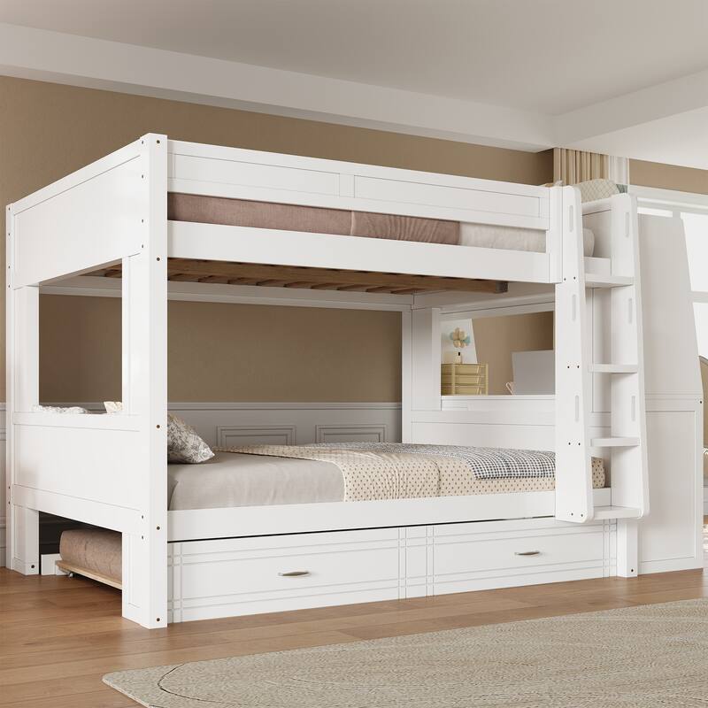 Full Size Multifunctional Bunk Bed Frame with Bookshelves, Desk and Cabinet, Optional with Pull-out Drawers or Trundle Bed