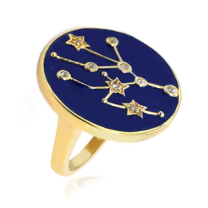 Sterling Silver Over Gold Plated White Zircon With Blue Enamel Virgo Zodiac Signs Ring