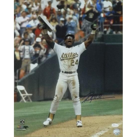 Rickey Henderson Autographed Oakland Athletics 16x20 Photo Arms Up JSA