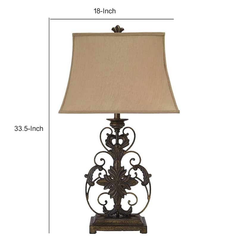 Bell Shape Fabric Shade Table Lamp with Floral Metal Base, Beige and ...