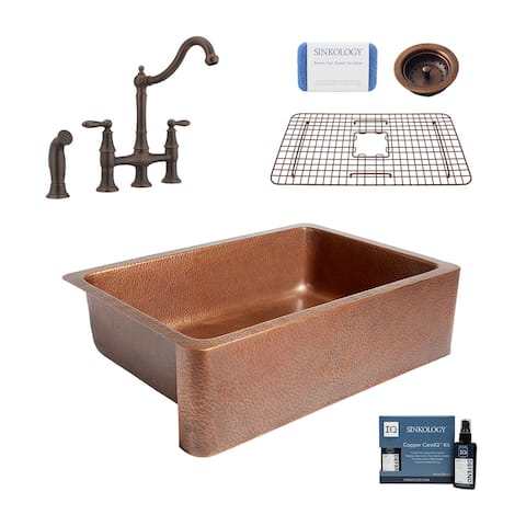 Adams 33" Farmhouse Copper Kitchen Sink with Bridge Faucet and Strainer Drain