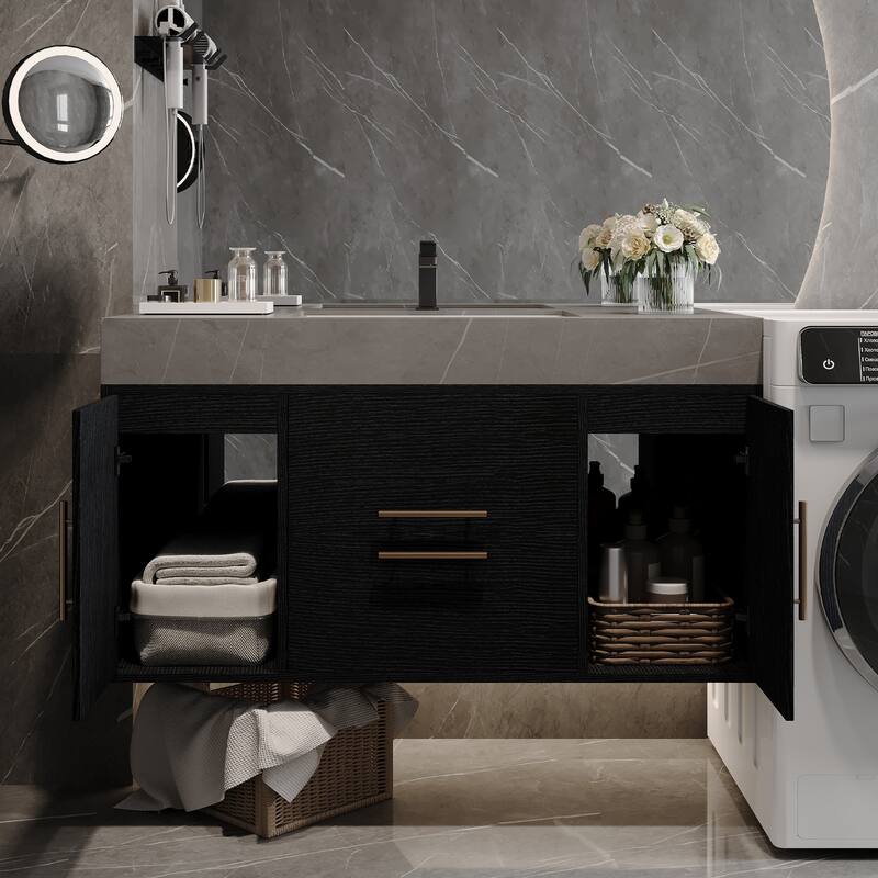 GDFStudio - Modern 39.4" Wall Mounted Floating Sintered Stone Bathroom Vanity with Seamless Ceramic Sink & Soft-Close Drawers