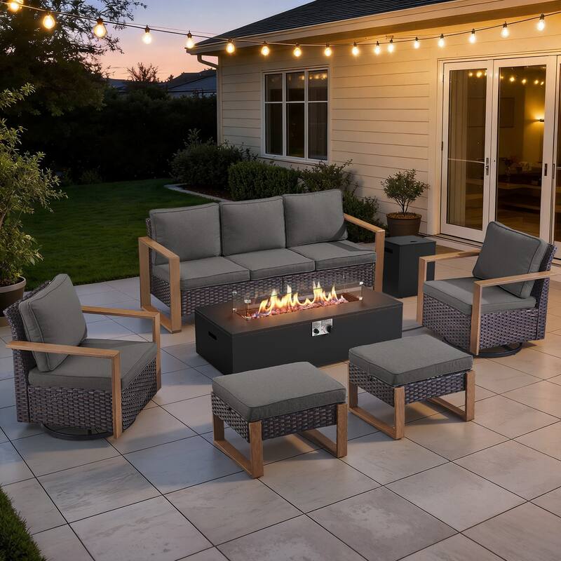 Meyreso Wicker Outdoor Patio Fire Pit Set with Swivel Gliders & 4.5-Inch Olefin Cushions - Brown / Gray Cushions - 6-Piece