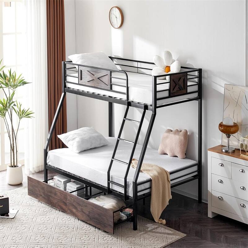 Black Iron Bunk Bed Twin Over Full with Safety Guardrail Ladder and Storage Drawers Ideal for Kids , Teens and adults